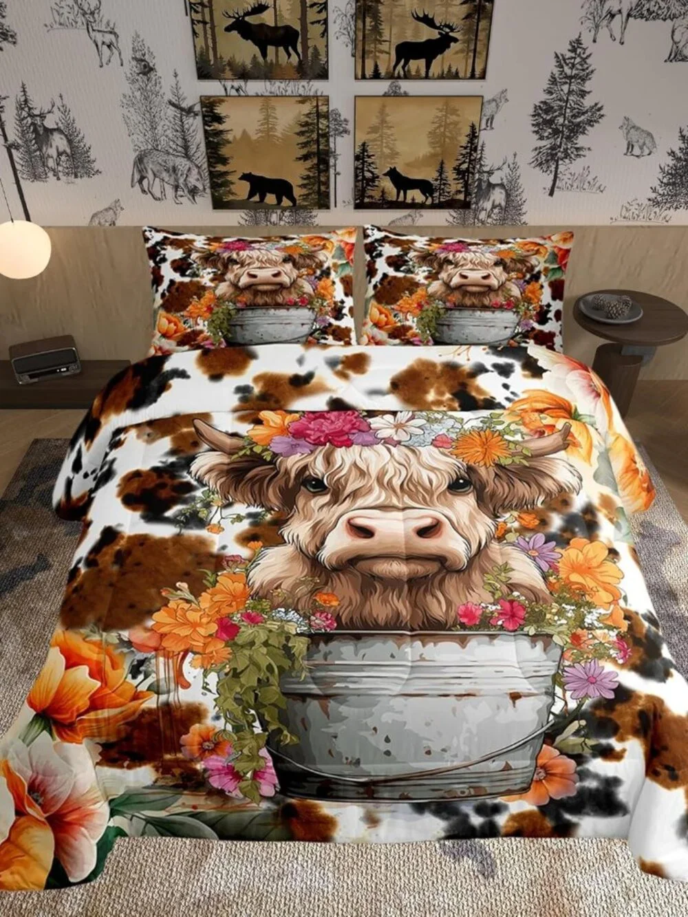 Highland Cattle Cup Comforter Set for Kids Adults,Retro Cow Skin Farmhouse Anima